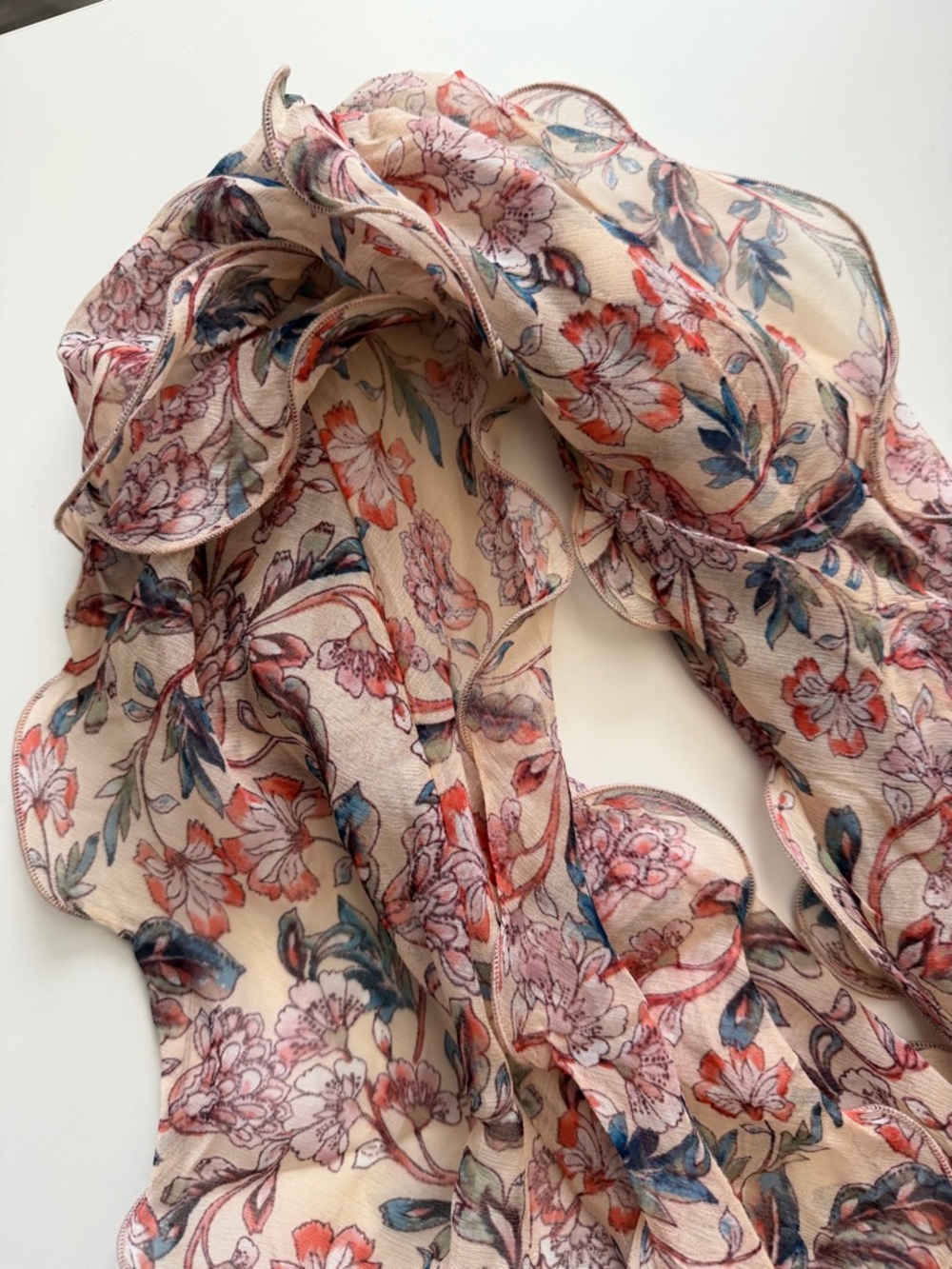 Lauren Ralph Lauren Floral Ruffle Silk Scarf - Blush, Navy, Coral - Picture 3 of 3